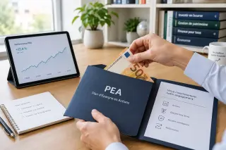 Hands placing a euro banknote into a folder labeled PEA on a wooden desk with finance documents and a tablet, in a bright home office.