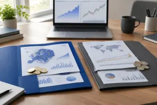 Bureau d’investissement présentant deux chemises distinctes, l’une associée au PEA et aux placements européens, l’autre au compte-titres et à la diversification internationale.